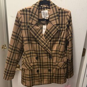 Avec Les Filles Camel and Black Plaid Double-Breasted Peacoat